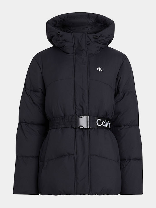 Women's Short Puffer Jacket for Spring or Autumn with Hood Black