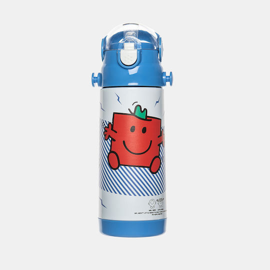 CHartini Poli Kids Water Bottle Mr. Men and Little Miss Plastic with Straw Blue 450ml
