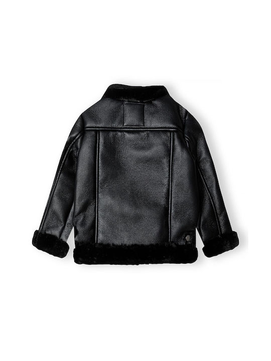 Minoti Girls Leather Coat Black with Ηood