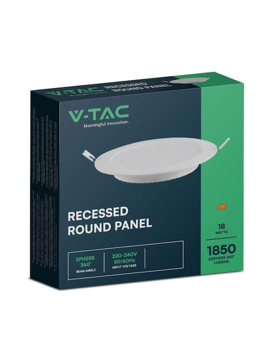 V-TAC Στρογγυλό Χωνευτό LED Panel 18W με Θερμό Λευκό Φως 3000K 22.08εκ.