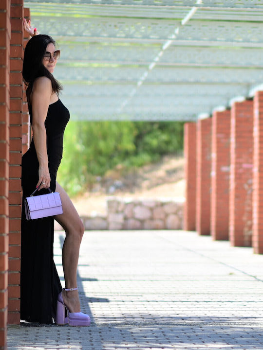 Summer Maxi Evening Dress Satin with Slit Black