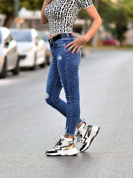 High Waist Women's Jean Trousers with Rips