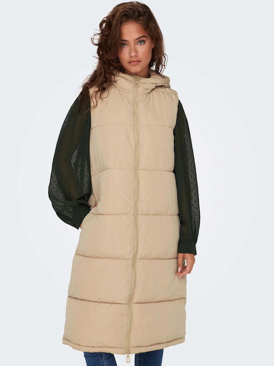 Women's Long Puffer Jacket for Spring or Autumn with Hood Beige