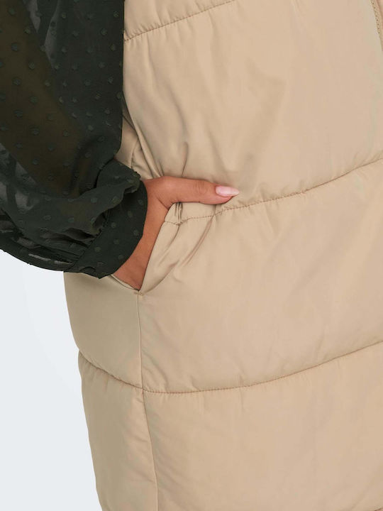 Women's Long Puffer Jacket for Spring or Autumn with Hood Beige