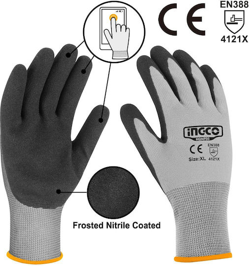 Ingco Gloves for Work Gray Nitrile 1pcs