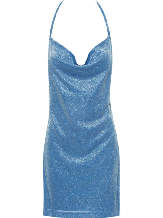Summer Mini Evening Dress Draped Checkers - Blue