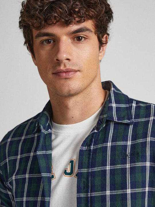 Long Sleeve Cotton Shirt In Regular Fit Checked Navy Blue