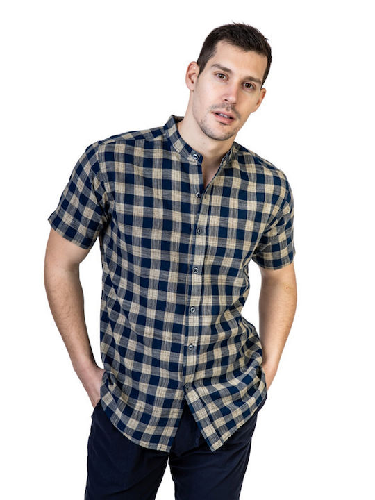 Pronomio Men's Shirt Short Sleeve Cotton Checked Navy Blue