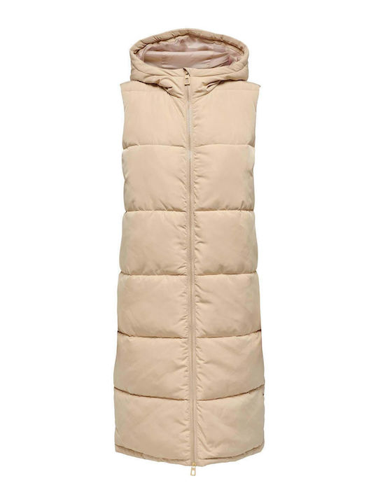 Women's Long Puffer Jacket for Spring or Autumn with Hood Beige