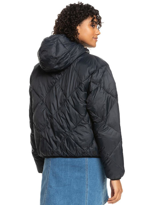 Roxy Women's Short Puffer Jacket for Spring or Autumn with Hood Black