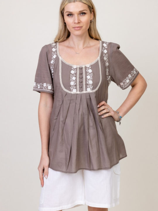 Pronomio Damen Sommer Bluse Baumwolle Kurzärmelig Braun