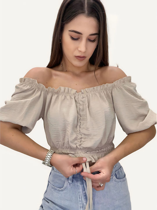 Γυναικείο Καλοκαιρινό Crop Top Off-Shoulder Κοντομάνικο Μπεζ
