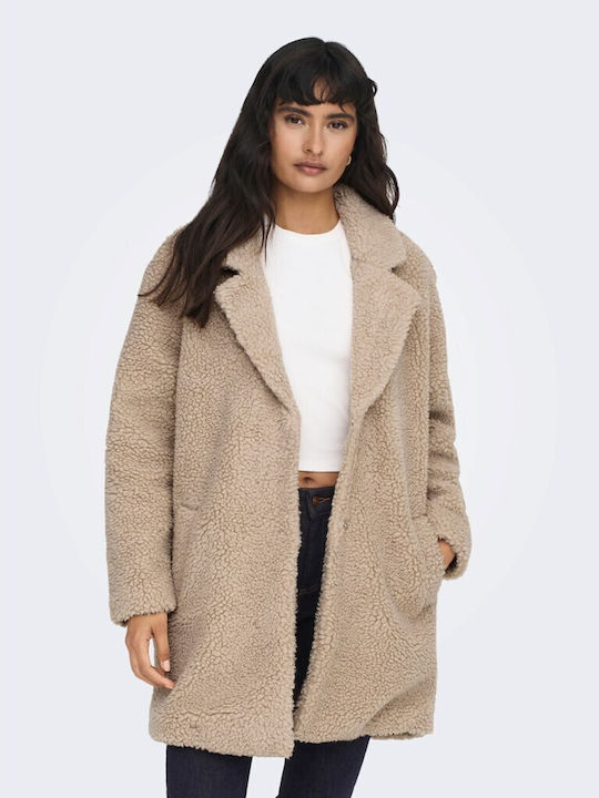 Only Women's Sherpa Midi Coat with Buttons Beige