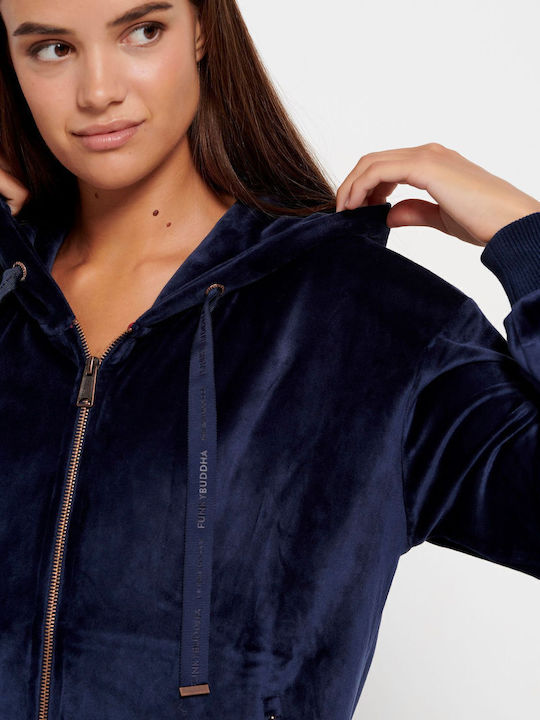 Long Women's Sweatshirt Jacket Velvet Hooded Blue
