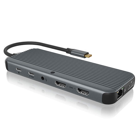 Icy Box IB-DK4060-CPD USB-C Docking Station with HDMI/DisplayPort 4K PD Ethernet and Support for 2 Monitors Gray
