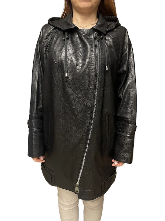MARKOS LEATHER Women's Short Lifestyle Leather Jacket for Winter with Hood Black