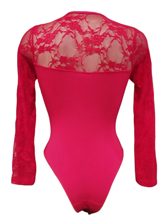 Helios Long Sleeve Bodysuit with Lace Red