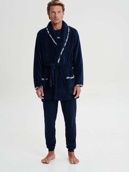 Vamp Χειμερινή Ανδρική Ρόμπα Fleece Μπλε Σκουρο