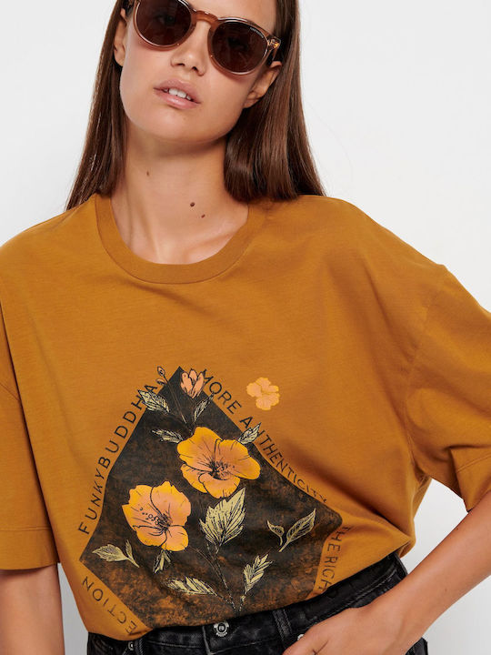 Funky Buddha Γυναικείο Oversized T-shirt Ριγέ Brown Sugar