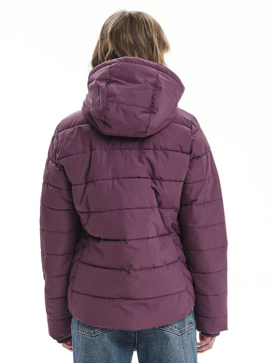 Women's Short Puffer Jacket Waterproof and Windproof for Winter with Detachable Hood Purple