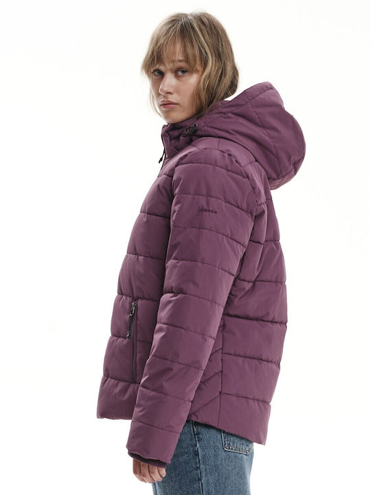 Women's Short Puffer Jacket Waterproof and Windproof for Winter with Detachable Hood Purple