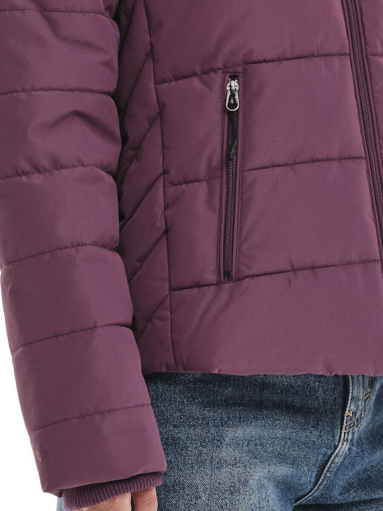 Women's Short Puffer Jacket Waterproof and Windproof for Winter with Detachable Hood Purple