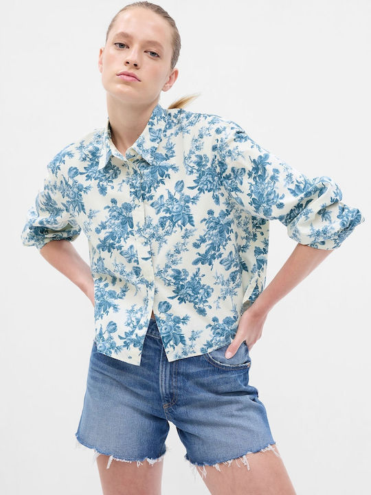 Langärmelig Damen Hemd Blau Blumen