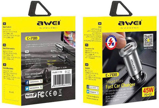 Awei C-708 Car Charger 45W with Ports: 1xUSB 1xType-C Black Color