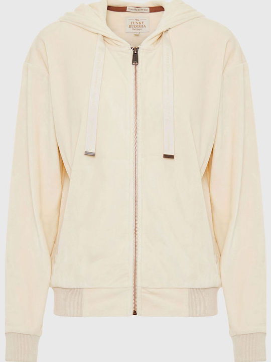 Long Women's Sweatshirt Jacket Velvet Hooded Beige