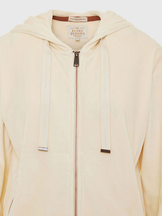 Long Women's Sweatshirt Jacket Velvet Hooded Beige