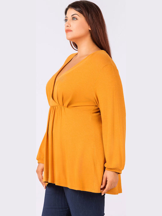 Women's Tunic Dress Long Sleeve with V Neckline Yellow