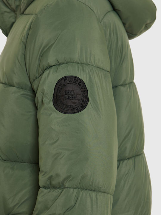 Women's Short Puffer Jacket for Winter with Hood Green