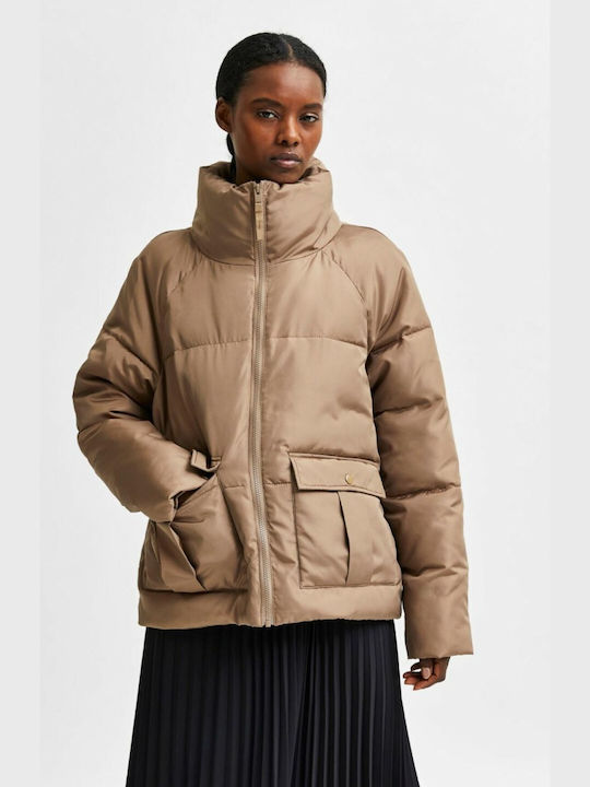 Selected Women's Short Puffer Jacket for Winter Beige