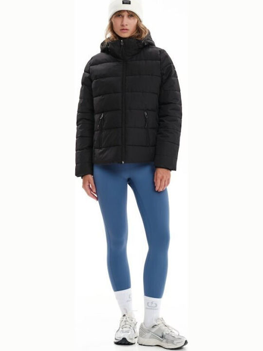 Women's Short Puffer Jacket Waterproof and Windproof for Winter with Detachable Hood Black