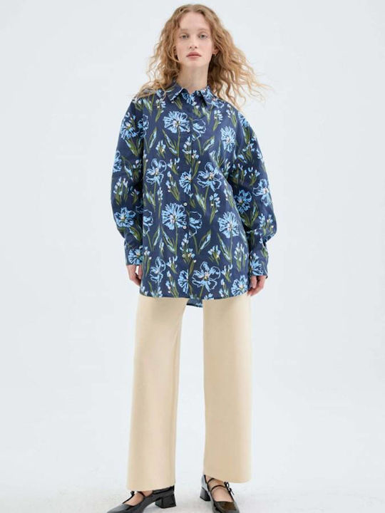 Compania Fantastica Women's Floral Long Sleeve Shirt Blue