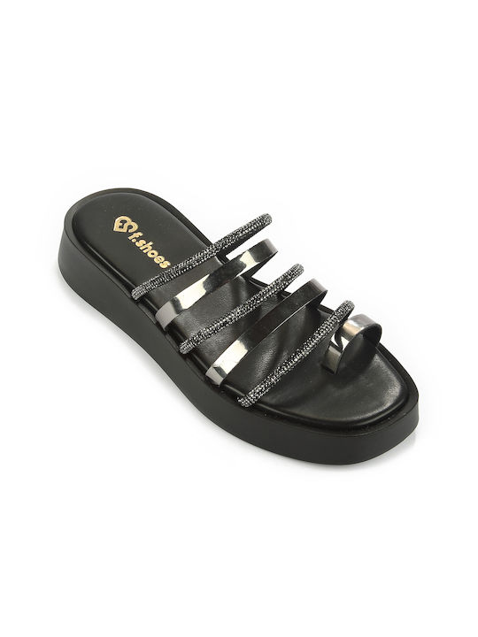 Ioannis Leather Women's Flat Sandals Flatforms in Black Color