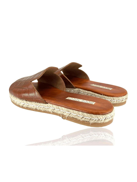 Leather Women's Flat Sandals in Tabac Brown Color
