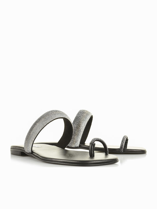 Leather Women's Flat Sandals in Black Color