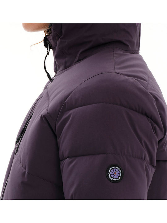 Women's Short Puffer Jacket Waterproof and Windproof for Winter with Hood Purple