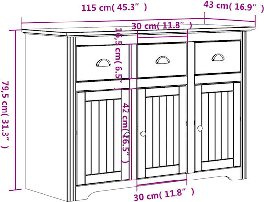 Wooden Buffet with Drawers White Natural L115xW43xH79.5cm