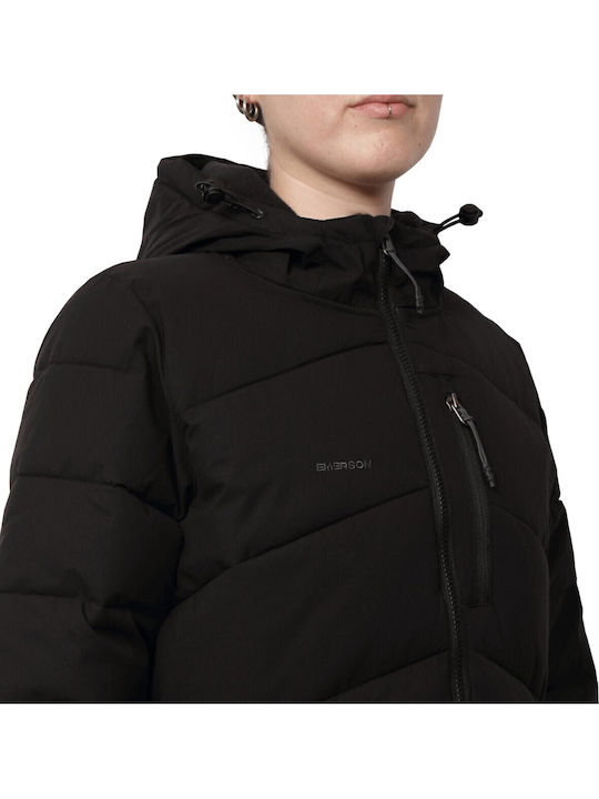 Women's Long Puffer Jacket for Spring or Autumn with Hood Black