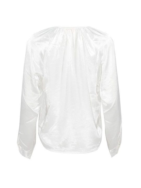 The Korner Damen Bluse Satin Langärmelig mit V-Ausschnitt Weiß