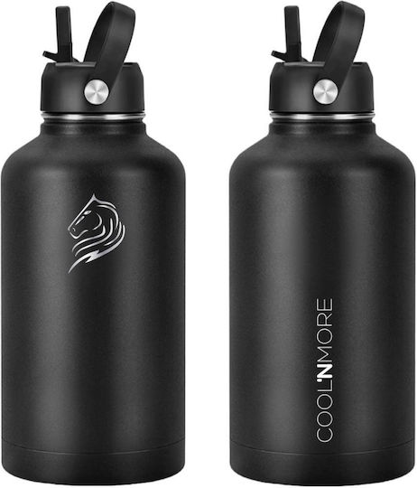 Cool'NMore Jet Stainless Steel Thermos Bottle BPA Free 2lt Jet Black with Handle Straw Loop and Mouthpiece