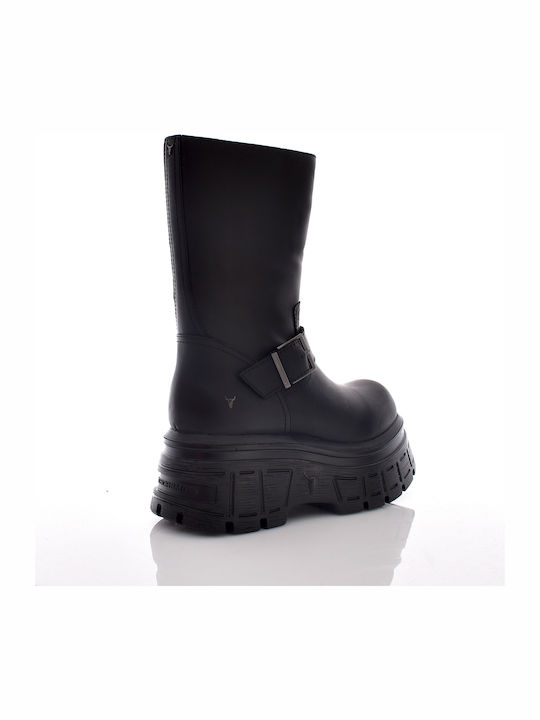 Seek Leather Women's Biker Boots with Medium Heel Black