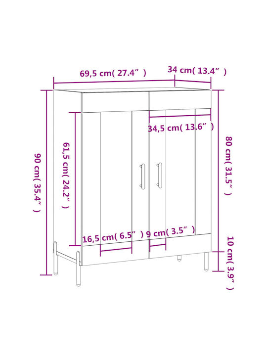 Wall Living Room Display Cabinet made of Wood & Metal with Glass Gray 69.5x34x90cm