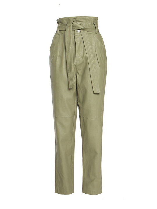 Women's High-waisted Fabric Trousers Paperbag Fit Green