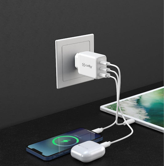 Celly Celly GaN Wireless Charger with USB-A Port and 2 USB-C Output Ports 65W Power Delivery White