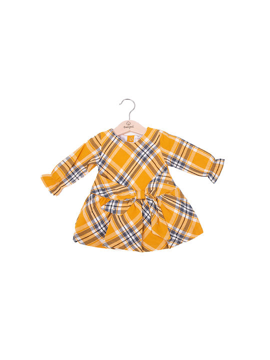 Babybol Kids Dress Set with Tights Checked Long Sleeve Yellow