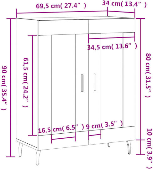 Living Room Display Cabinet Made of Particle Board with Windowed White 69.5x34x90cm