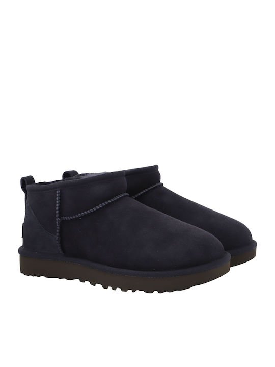 Classic Ultra Mini Leather Women's Ankle Boots with Fur Blue